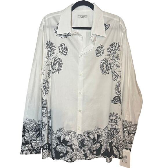 NEW Valentino Men's Blooming Print Button Down Shirt Size 43 White Black US 17 - Picture 2 of 16